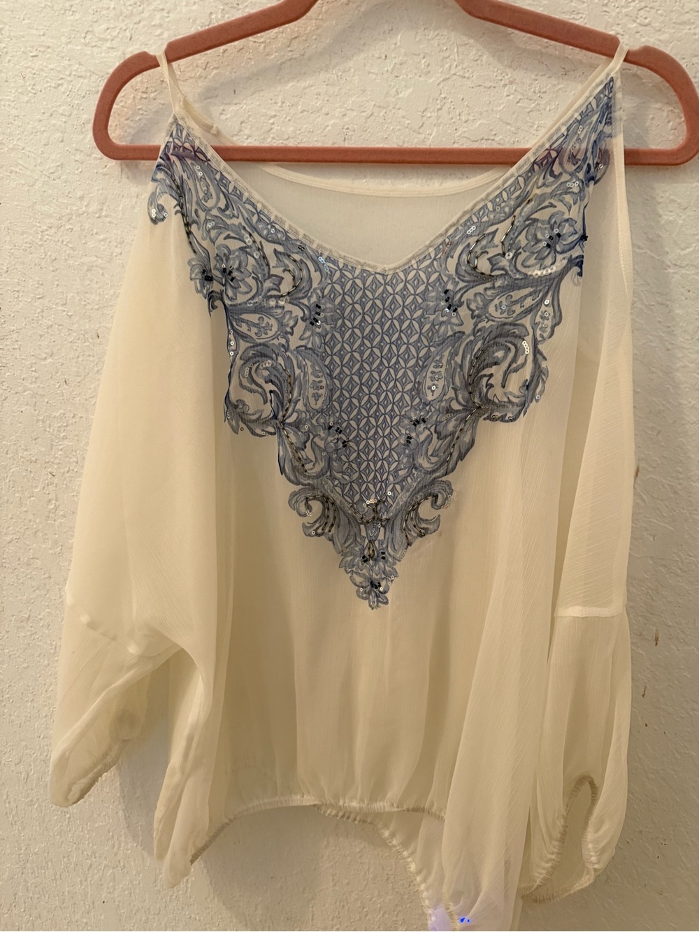 Cream Chiffon Blouse with Blue Embroidered V-Neck Detail